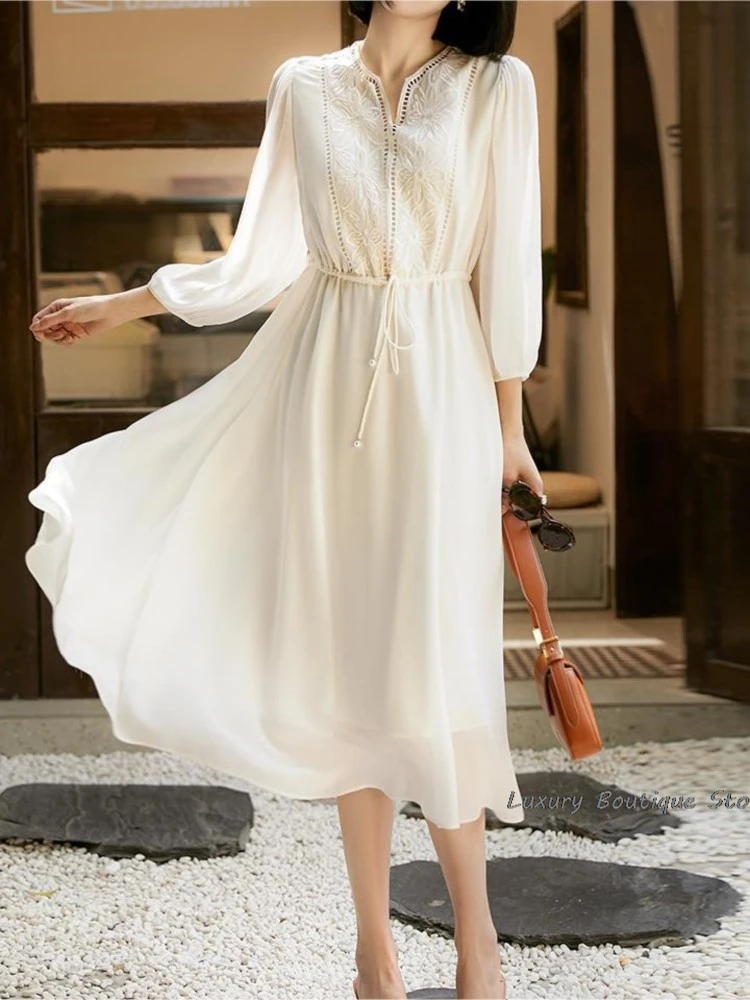 

2024 New Summer Fashion Positioning Embroidery Chiffon Dress Drawstring Lantern Sleeve Women Dresses Elegant Female Clothing