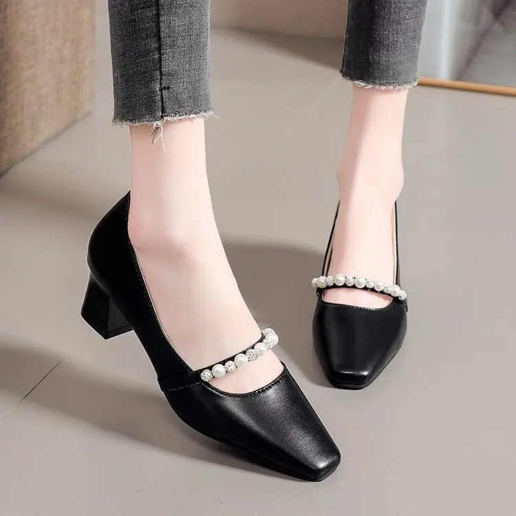 high quality soft comfort dress shoes Women's genuine leather beading buckle slip-on pumps square toe elegant ladies style