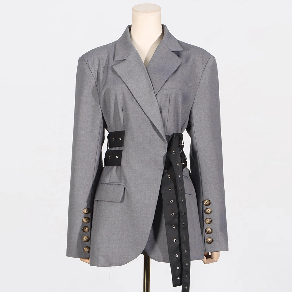 VGH High Street Splicedเข็มขัดSlimming Blazersสําหรับผู้หญิงNotchedคอยาวแขนยาวTunic Blazerหญิงแฟชั่นใหม่