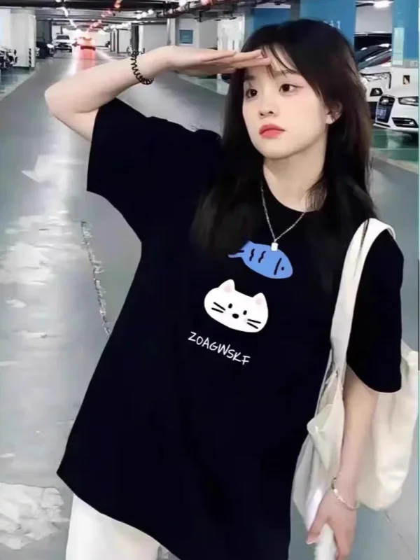 

Футболка из чистого хлопка свободного кроя в корейском стиле с милым принтом для молодых женщин 8-35 лет