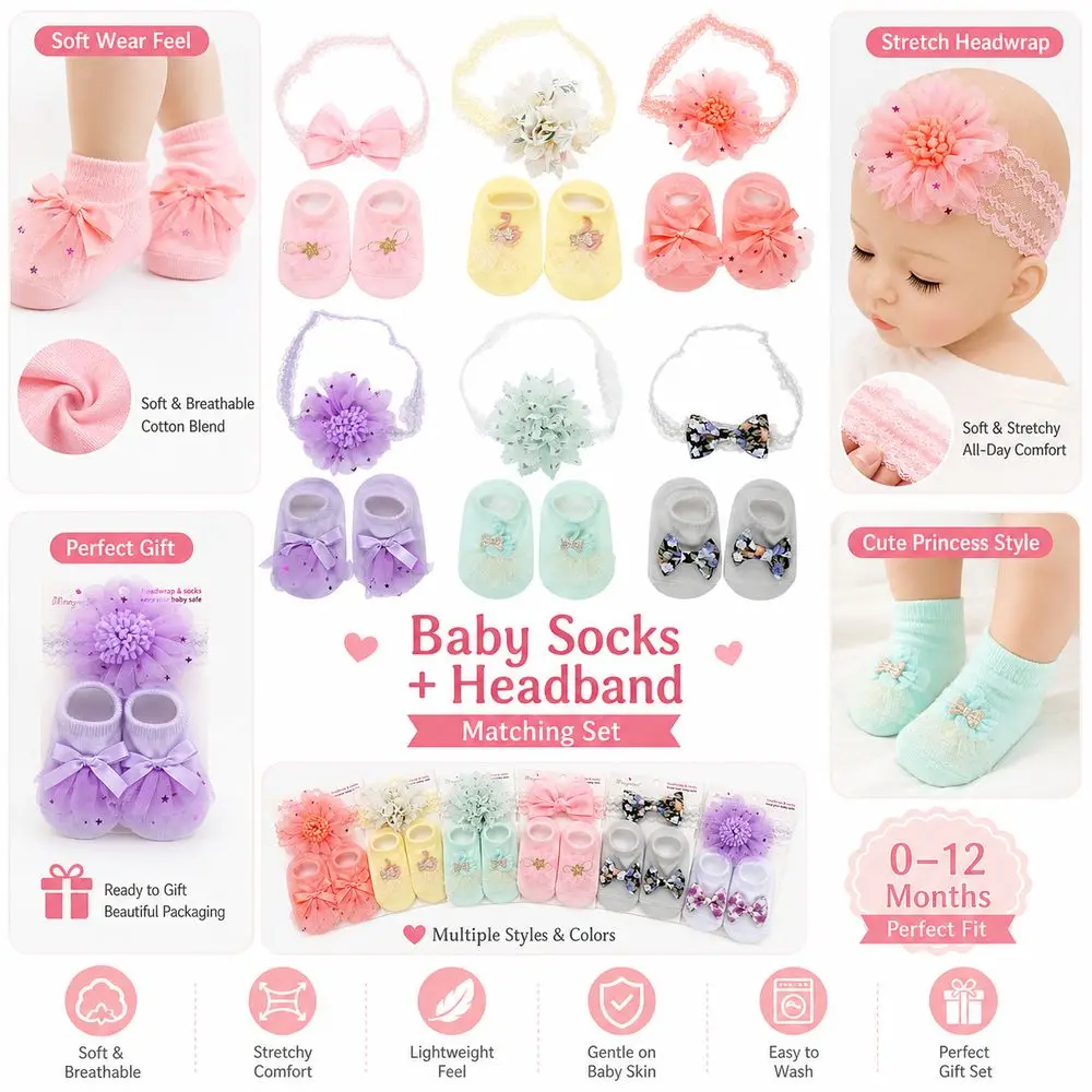 Gifts Floral Lace Socks Set Cotton Blend Soft Stretch Headband Set Tulle Bow Decor Infant Socks Set Infant Girls