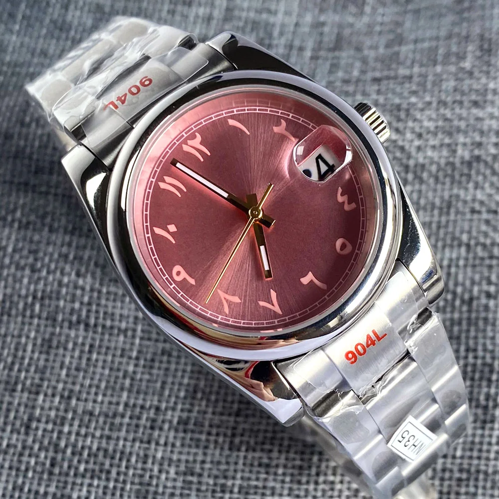 Nologo 36mm 39mm Stainless Steel NH35A Mechanical Watch for Men Pink Dial Arabic Numbers 904L Steel Bracelet