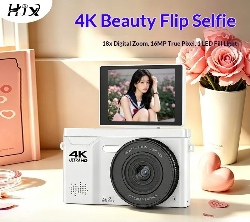 WD700 4K Digital Camera 16MP 18X Zoom Flip Screen Selfie Camera 2.8 inch HD CMOS Student Travel Vlogging Camera