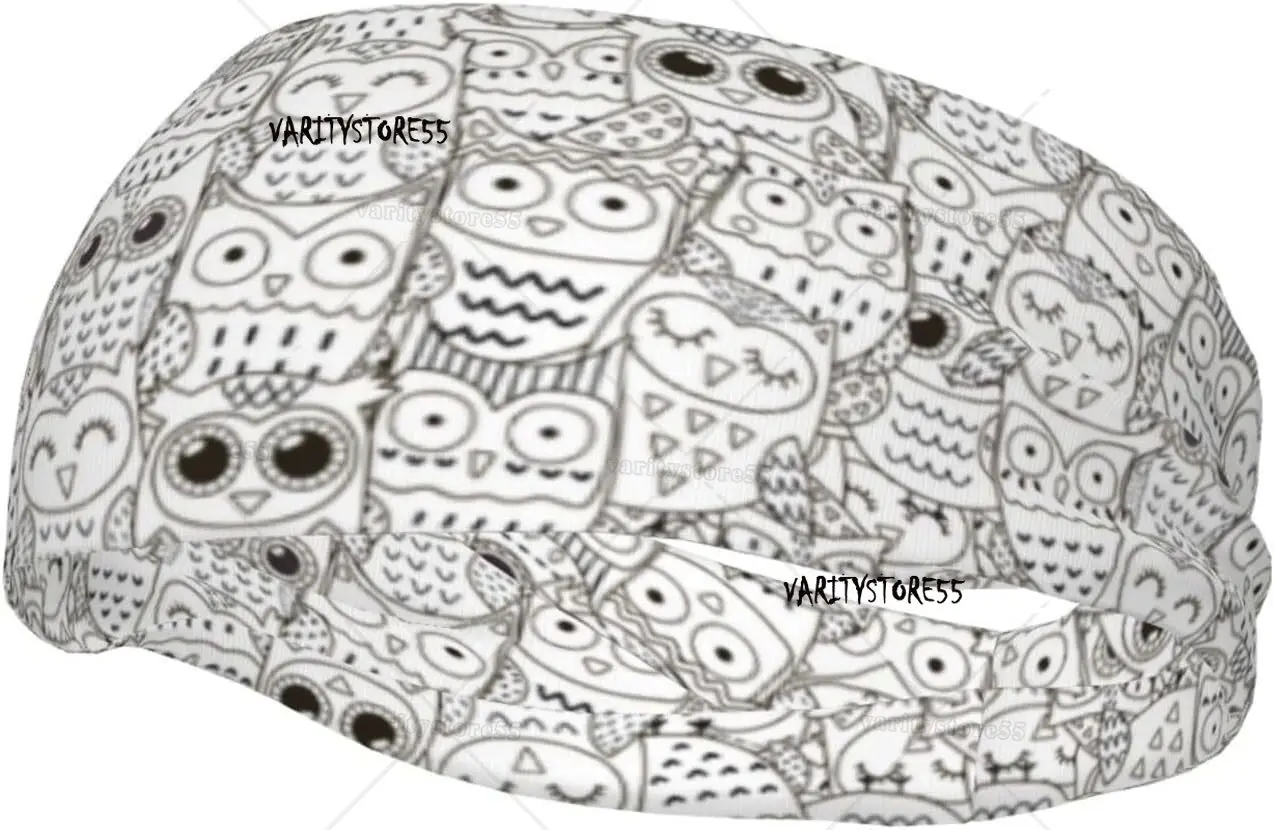 

Headband for Women Mens Doodle Owls Black and White Tennis Sweatband Soft Wide Hairband for Softball