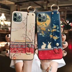Drawing Handband Case for iPhone 16 15 14 13 SE 12 11 Pro Max Mini XR 8 Plus Cover Soft Silicon Floral Rabbit Wrist Strap Shell