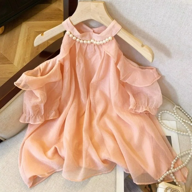 

Sweet Pearl Neck Short-sleeved Women's 2025 Summer Loose Temperament Chiffon Chic Shirt Slightly Show Shoulder Top