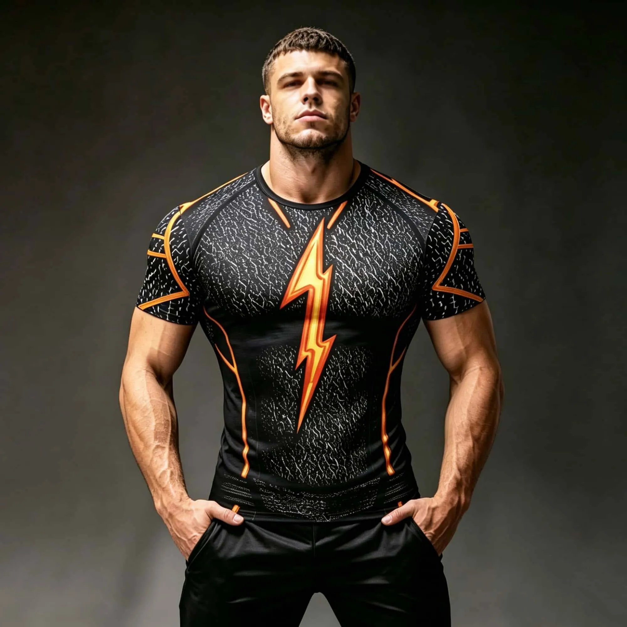 Men Lightning Line Print Compression T Shirt Black Orange Texture Quick Dry Short Sleeve Gym Workout Athletic Tee