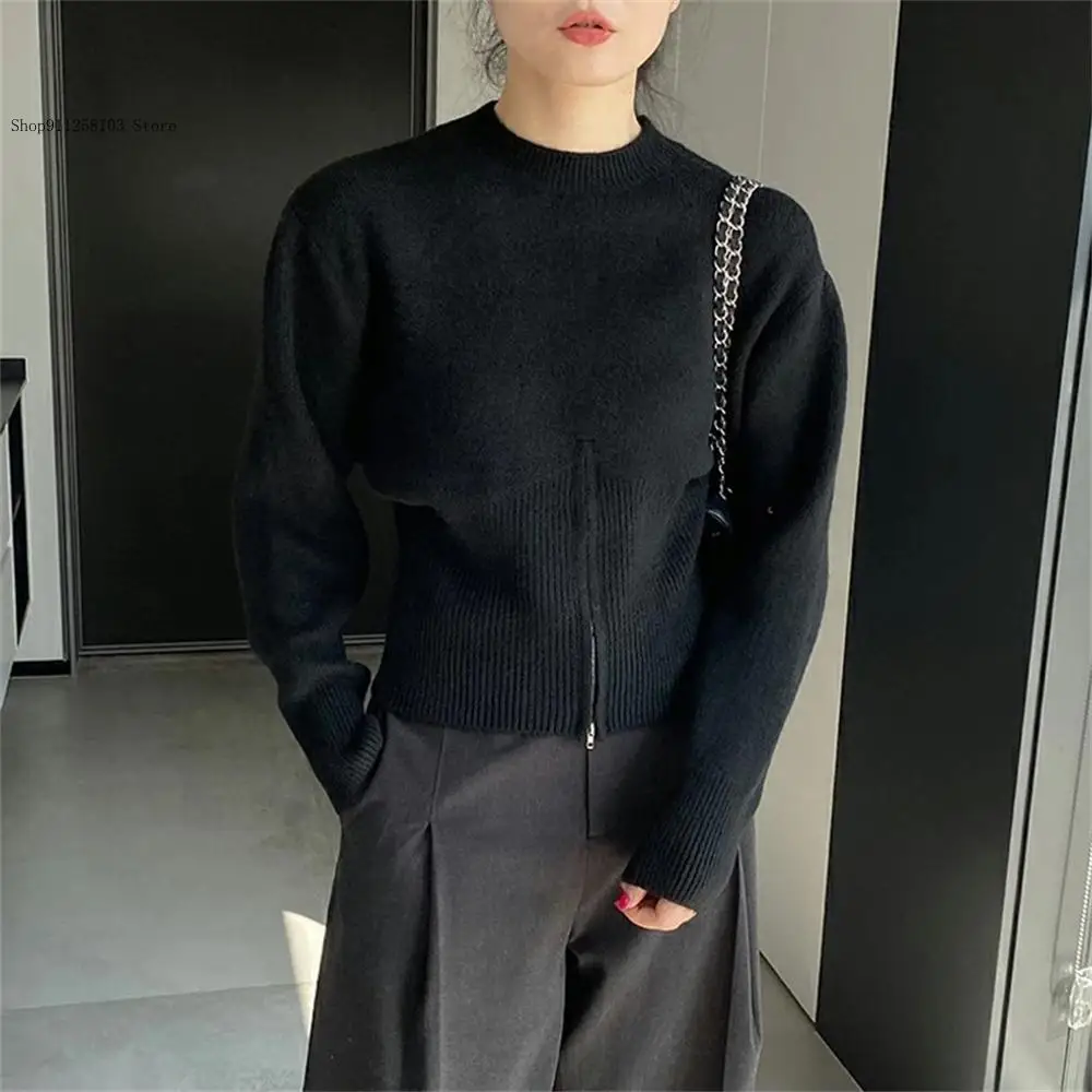 Autumn Winter Cropped Pullovers Female Vintage Knitted Sweater Women Korean Zipper Jumper Long Sleeve Knitwear