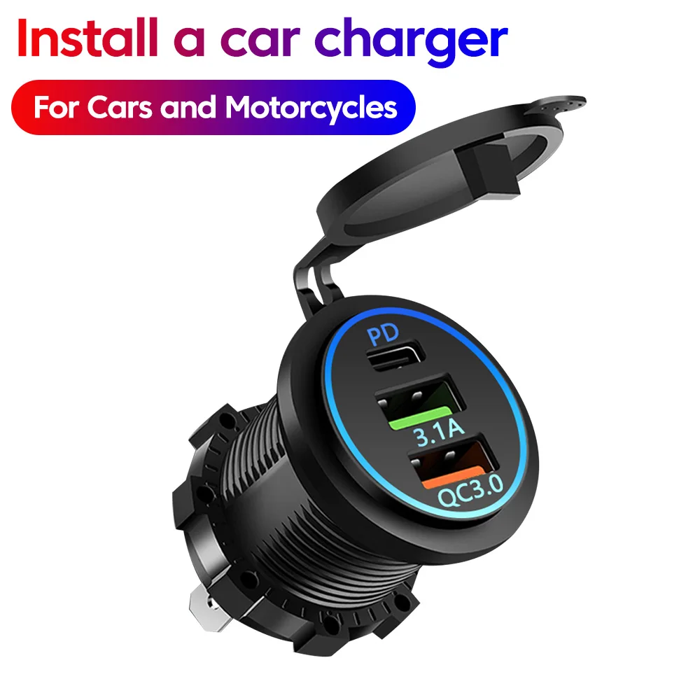Motorcycle Car Charger Waterproof Modified QC3.0 Dual USB Type-C Charger Car Auto Motorcycle Accessories With 12V-24V Voltmeter