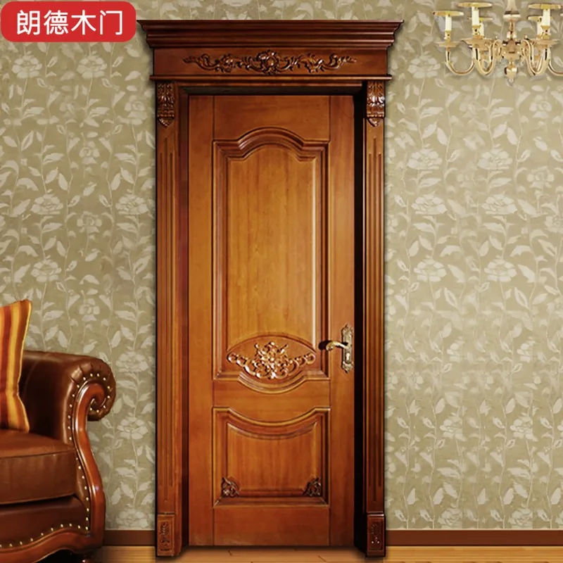 American retro solid wood multi-layer baking paint flat open carving custom high-end villa home bedroom interior set wooden door