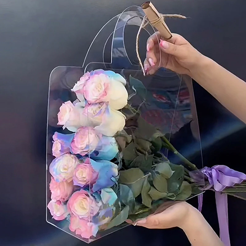 1Pc Transparent PET Fresh Flower Bouquet Handbag Flowers Wrapping Handbag Festivals Party Rose Package Portable Packing Bag