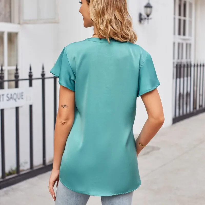 Novas camisas de cetim femininas com decote em v manga plissada moda escritório trabalho topo senhoras solto cor sólida pulôver blusa mujer