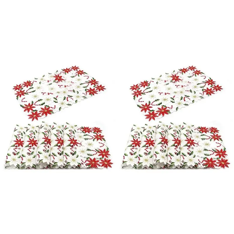 ABDJ-Placemats Set Of 12 Embroidered Christmas Poinsettia & Holly Design, 11X17 Inch Christmas Table Decor