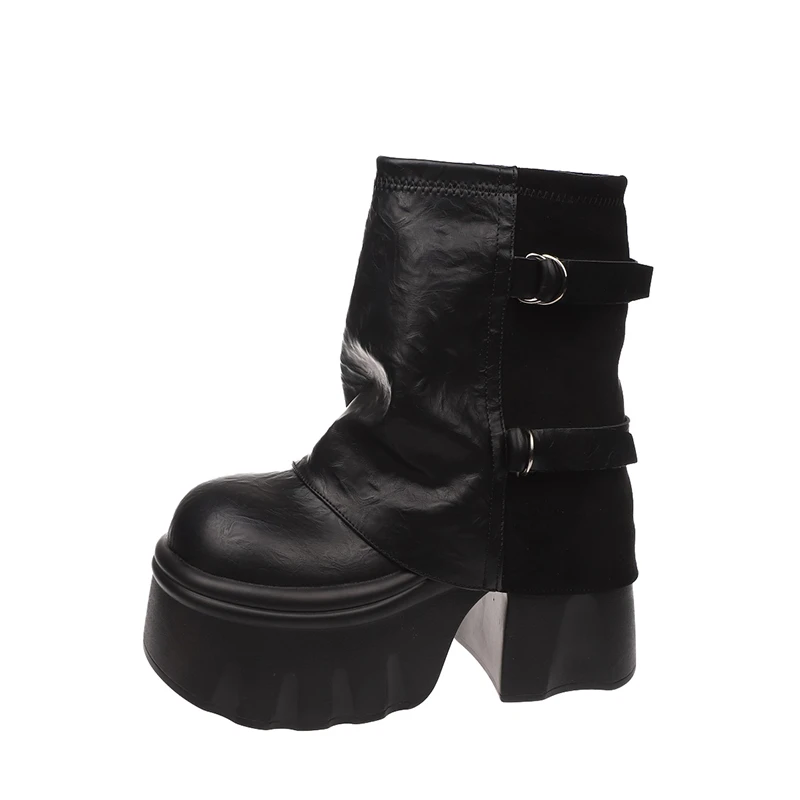 

Новые осенние женские брюки на массивном каблуке, кожаные ботинки до середины икры, зимние мотоциклетные ботинки на высокой платформе 9 см на молнии
