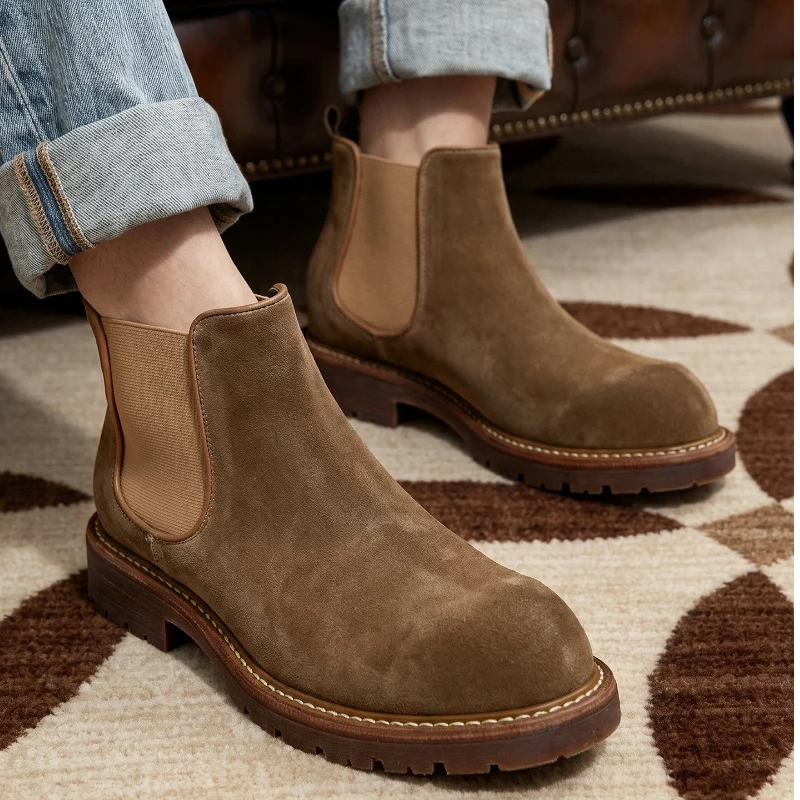 YETTIES Men's Suede Leather Chelsea Ankle Boots | Combat Boots Welted Handmade British Vintage Casual Boots for Men
