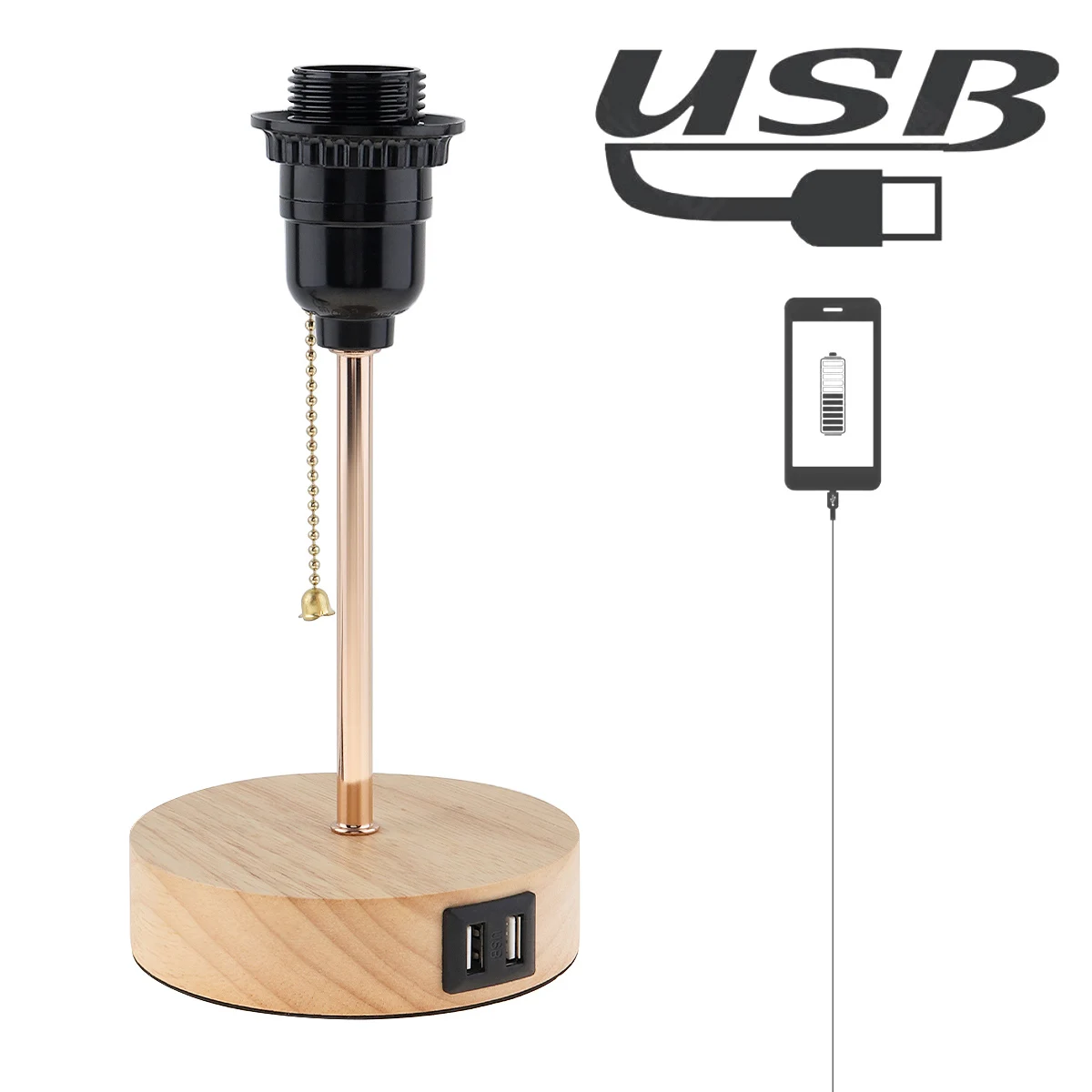 Wood Table Lamp Base Holders 2.3m 3m E27 E26 Socket Switch Wire Bedside Lamp Holder with USB Charging Ports for Home Lighting