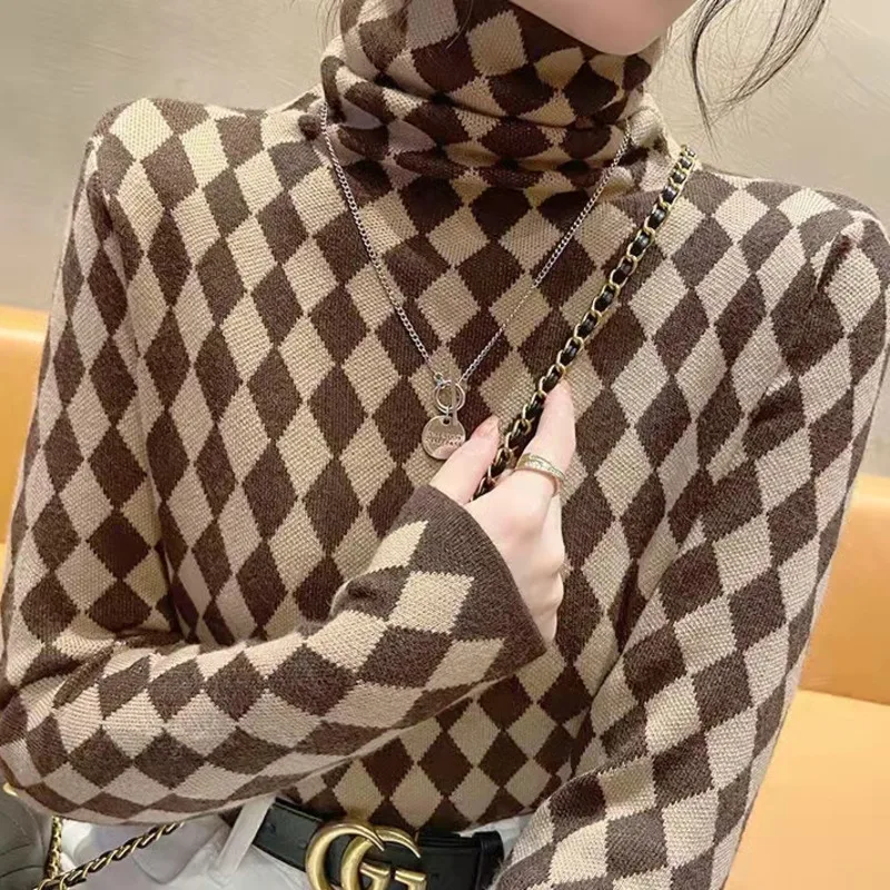 Winter Women\'s Turtleneck Sweater Korean Fashion Fleece Houndstooth Luxury Sweater Women\'s Sexy Plaid Pullover Sweater Women