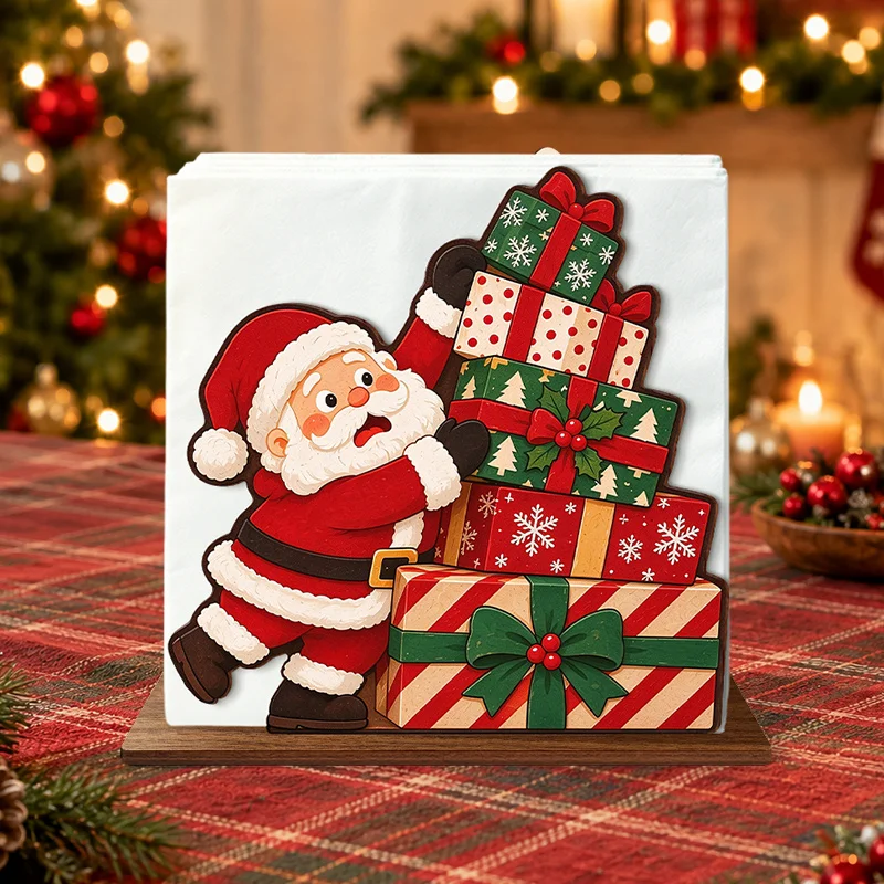 Christmas Wooden Napkin Holder Santa Claus Stacking Gift Boxes Pattern Table Organizer Xmas Decorative Accessory