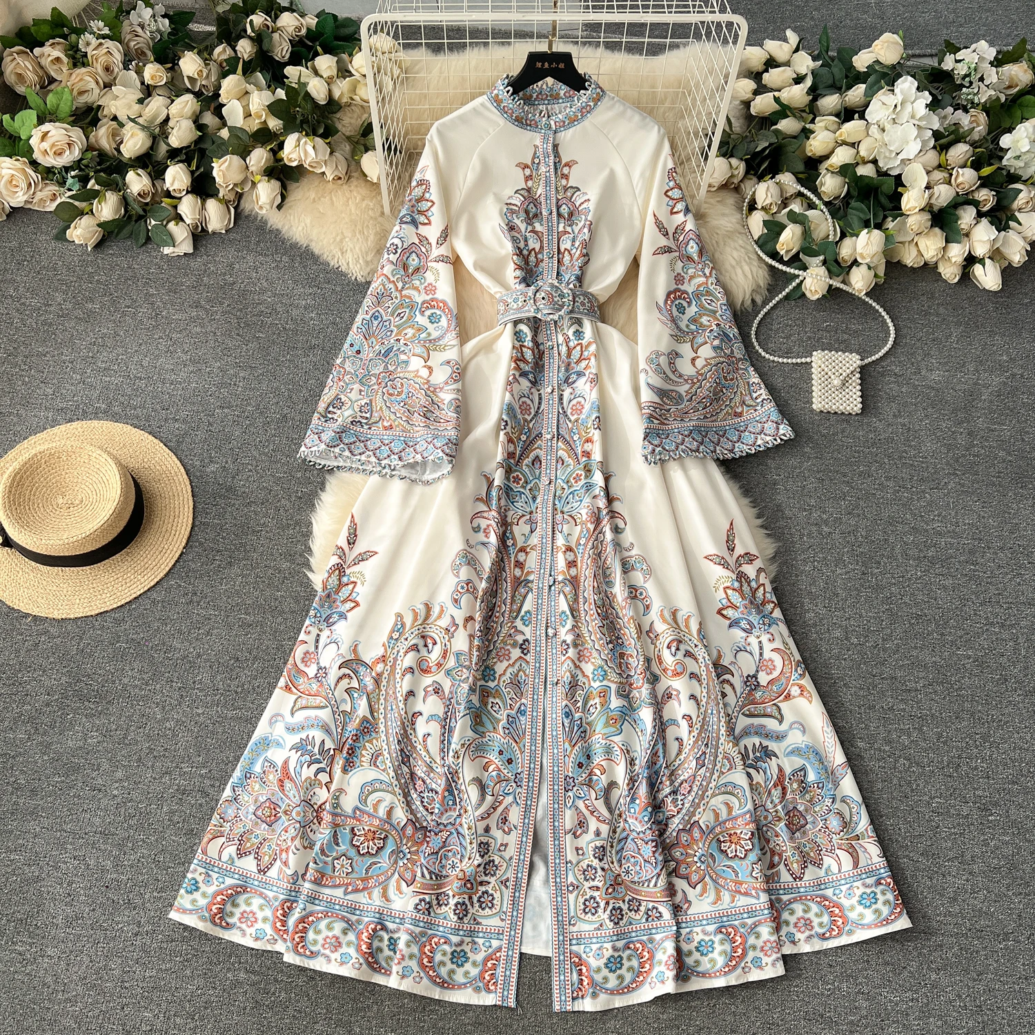 Elegant ผู้หญิงชุดยาว Retro Vintage Luxury Flare Sleeve พิมพ์ดอกไม้ฤดูใบไม้ผลิฤดูใบไม้ร่วงพรหมชุดราตรี Maxi Dresses Vestidos