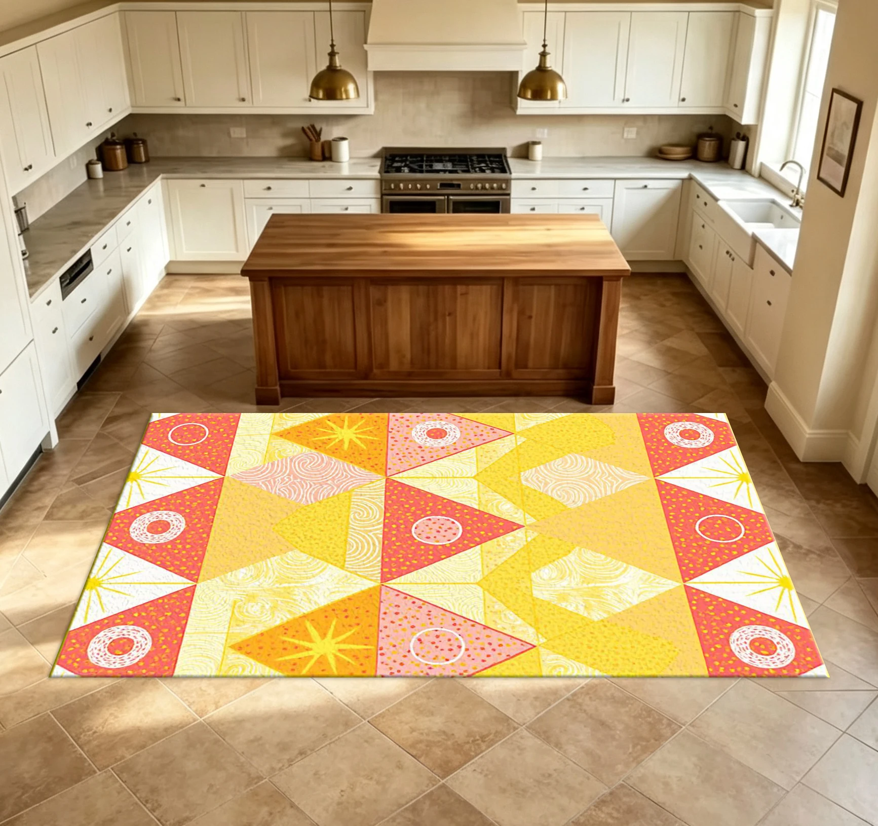 Sunny Patchwork Geometric Carpet Floor Tiles, Warm Yellow Orange Quilt-Style Abstract Pattern Floor Carpet, Suitable for Home Decoration