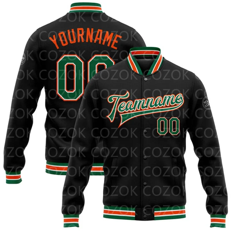 Custom Black Orange Green 3D Printed Baseball Button Jacket Bomber Full-Snap Varsity Letterman Jacket