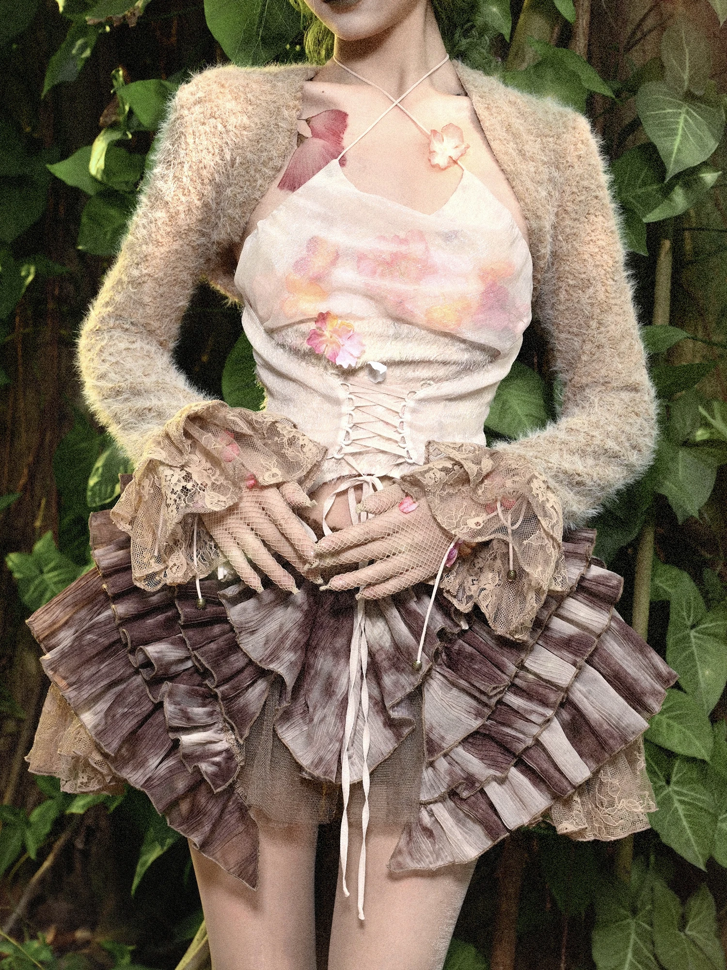 Original Punk Plush Thickened Tank Top Women's Short Cardigan Jacket Women's Elegant Neck Tops 3D Flower Skirt Set Spring 2025