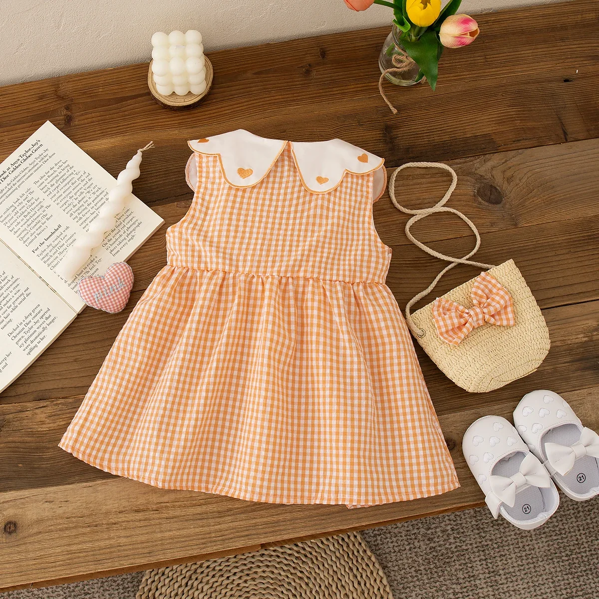 Children Clothes Send Bag Kids Outing Dress Baby Girl Dress Summer Plaid Doll Collar Sleeveless Cotton