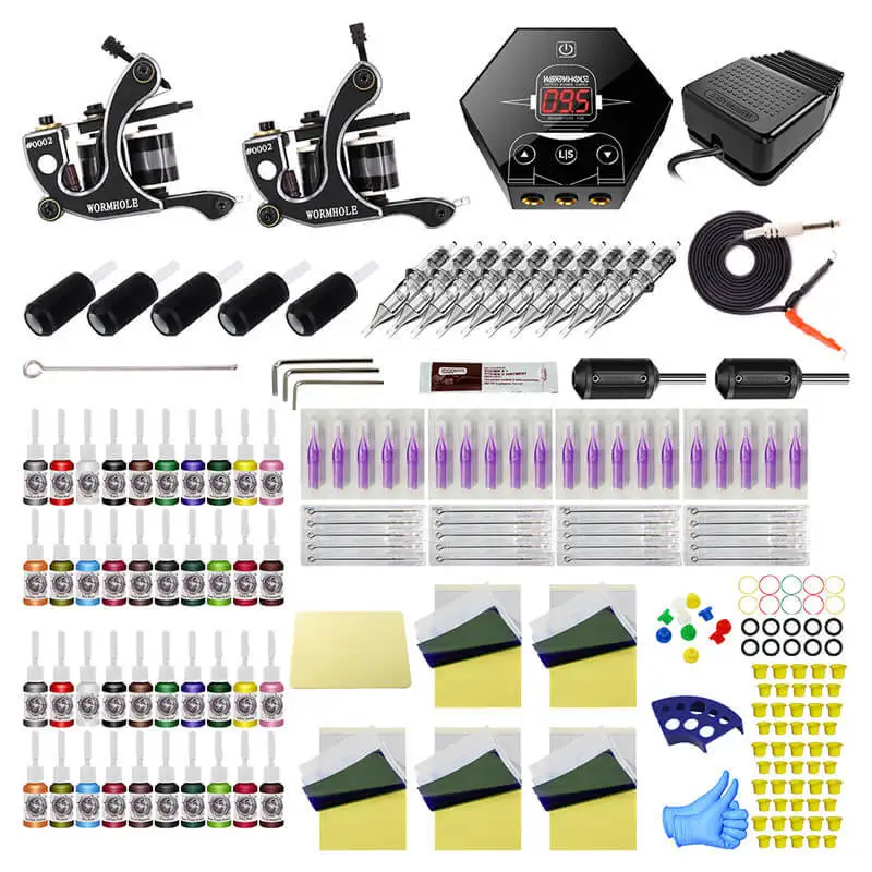 

led LCD tattoo machine double machine coil machine with power foot pedal hook wire set disposable tattoo needle accessories