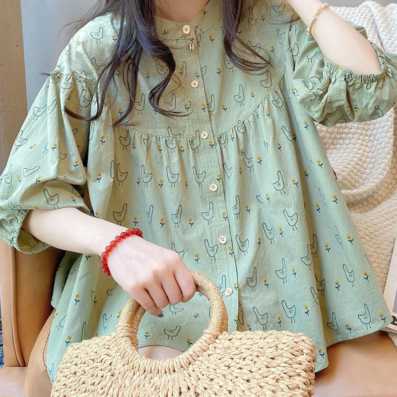 Fashion Loose Printed Button Folds Shirring Lantern Sleeve Shirt Female Clothing 2024 Summer New Casual Sweet Blouse