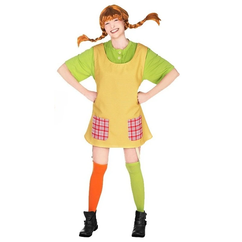Disfraz de Cosplay de Pippi de Calcetín Largo, Vestido Verde de Manga Corta, Delantal a Rayas, Calcetines Largos a Contraste, Traje para Halloween y Carnaval