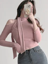Sexy oulder Bared Long Sve Women's T-irt Spring Commute Sle Tight Fit Sling Ne ort Base irt Korean Version