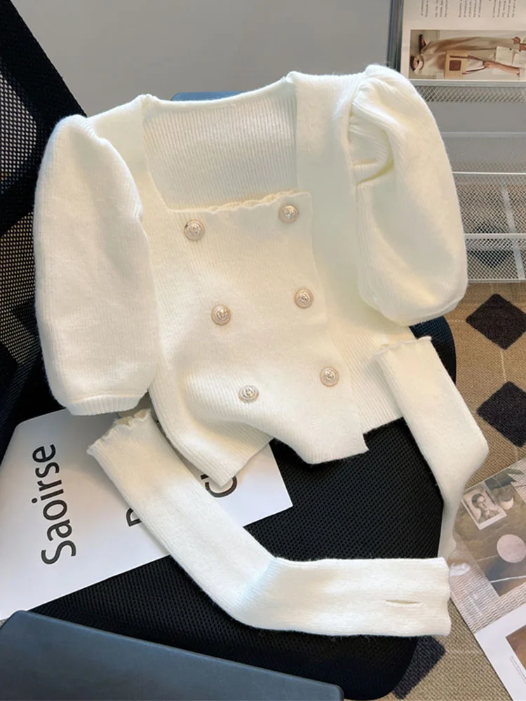 Женский двубортный кардиган со съемными рукавами, вязаный свитер с квадратным вырезом, вязаный Топ, элегантная модель во французском стиле на осень 2024