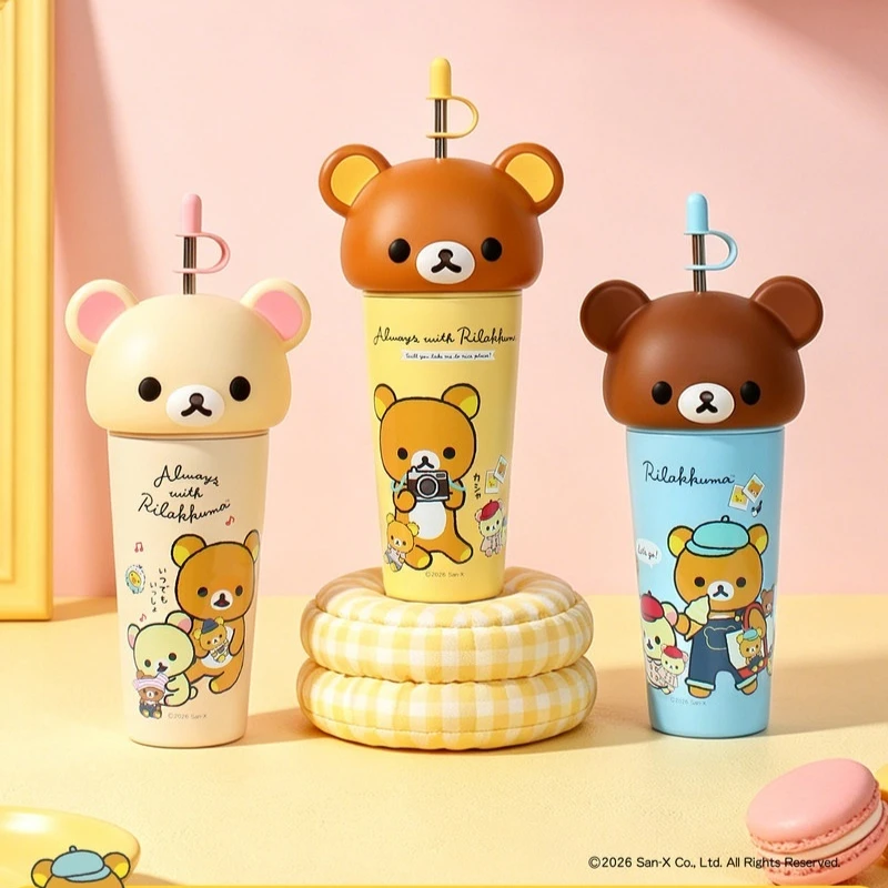 New Sell Well Rilakkuma Insulated Water Bottle 635ml Dual Drink Straw Cup Leakproof Thermal Tumbler