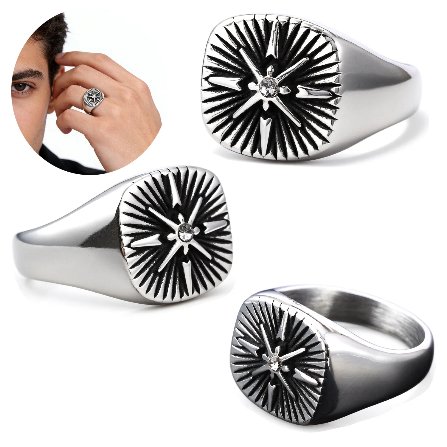 2026 European and American hot selling Nordic navigator compass cross Viking ring personalized stainless steel men's ring