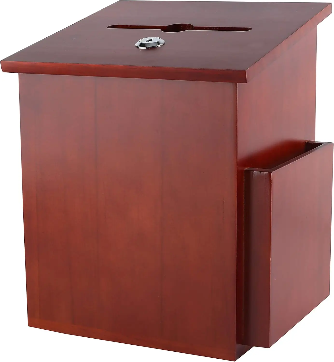 

Wooden Donation Box with Wide Slot, Side Pocket, Locking Lid & Pen, Mahogany Finish for Countertop