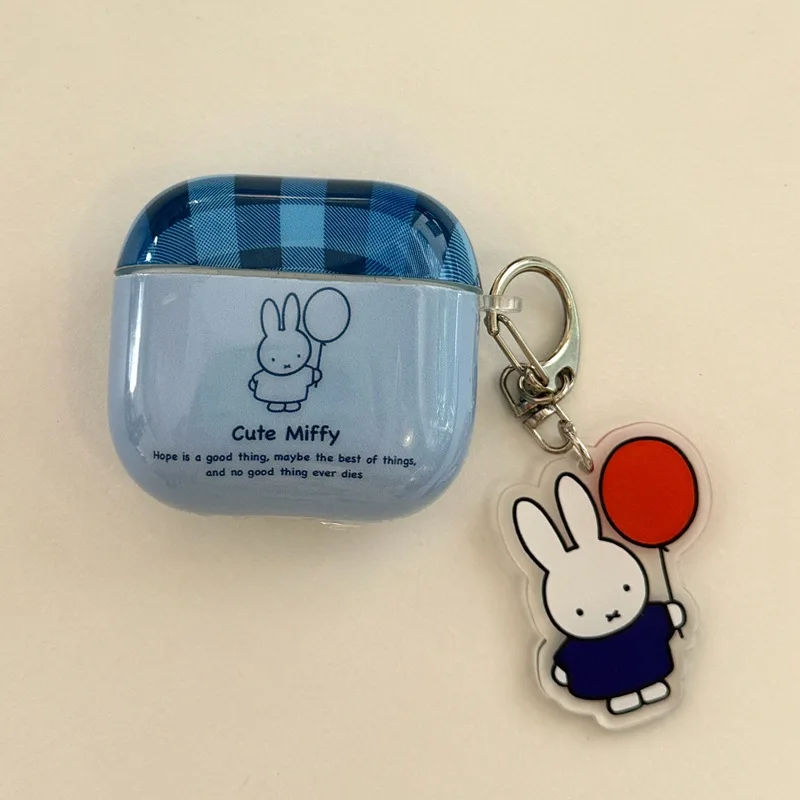 Miffy Blue Bluetooth Protective Cover Kawaii Cartoon Grid Balloon Miffy Rabbit Airpods 4 Earphone Case Fall Prevention