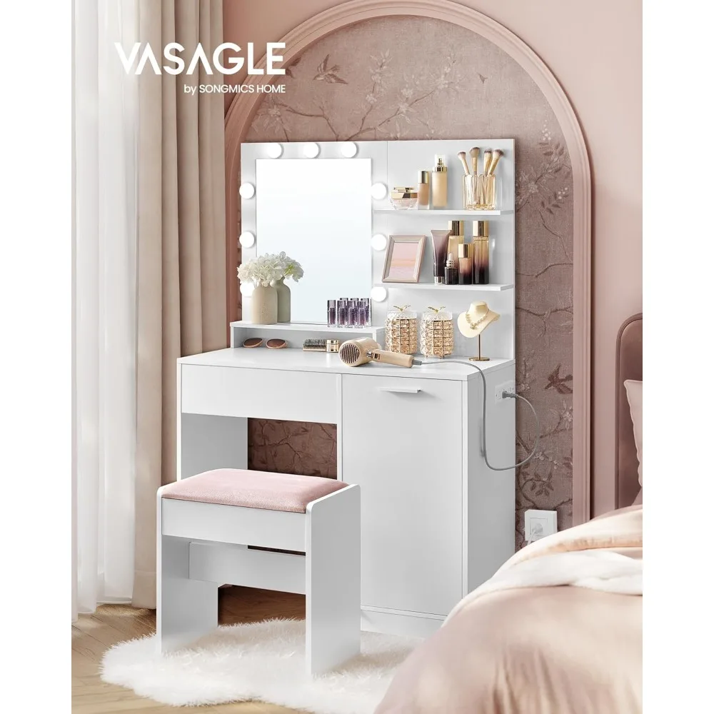 35.4-inch wide vanity table with padded dresser, power socket, dimmable LED light, storage drawer, bedroom, cloud white