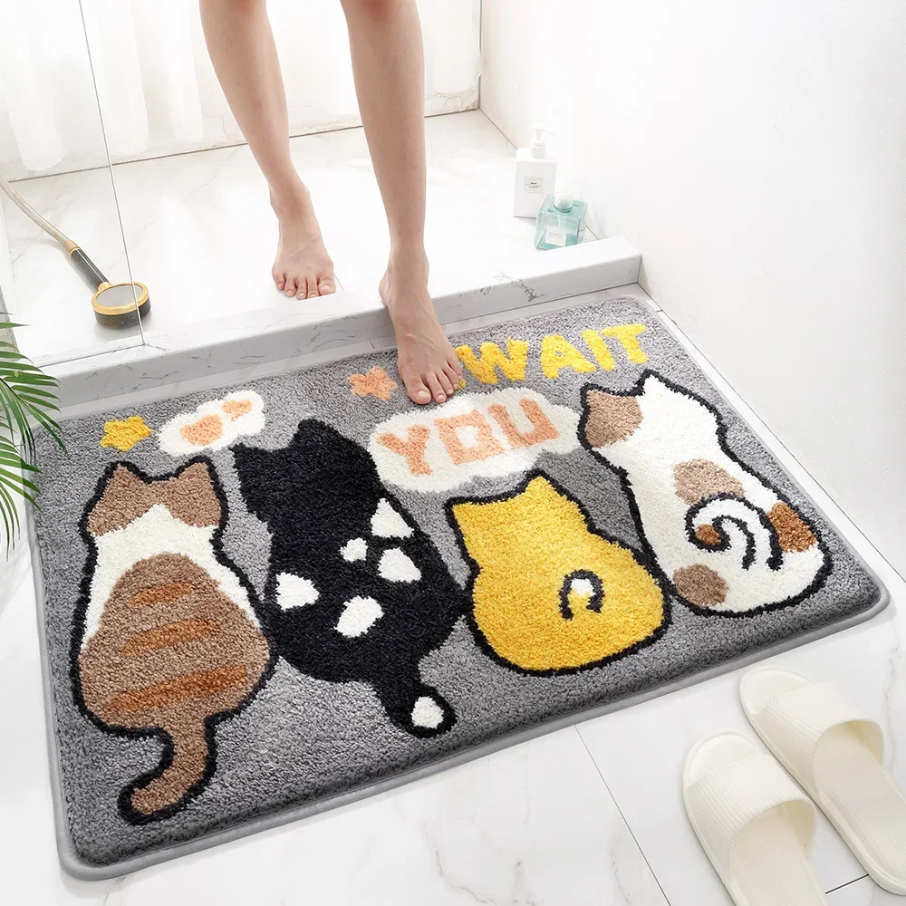 Cartoon Cat Flocking Bath Mat, Thickened Microfiber Super Absorbent Anti-Slip Bathroom Rug, Soft Bathroom Carpet for Home Decor