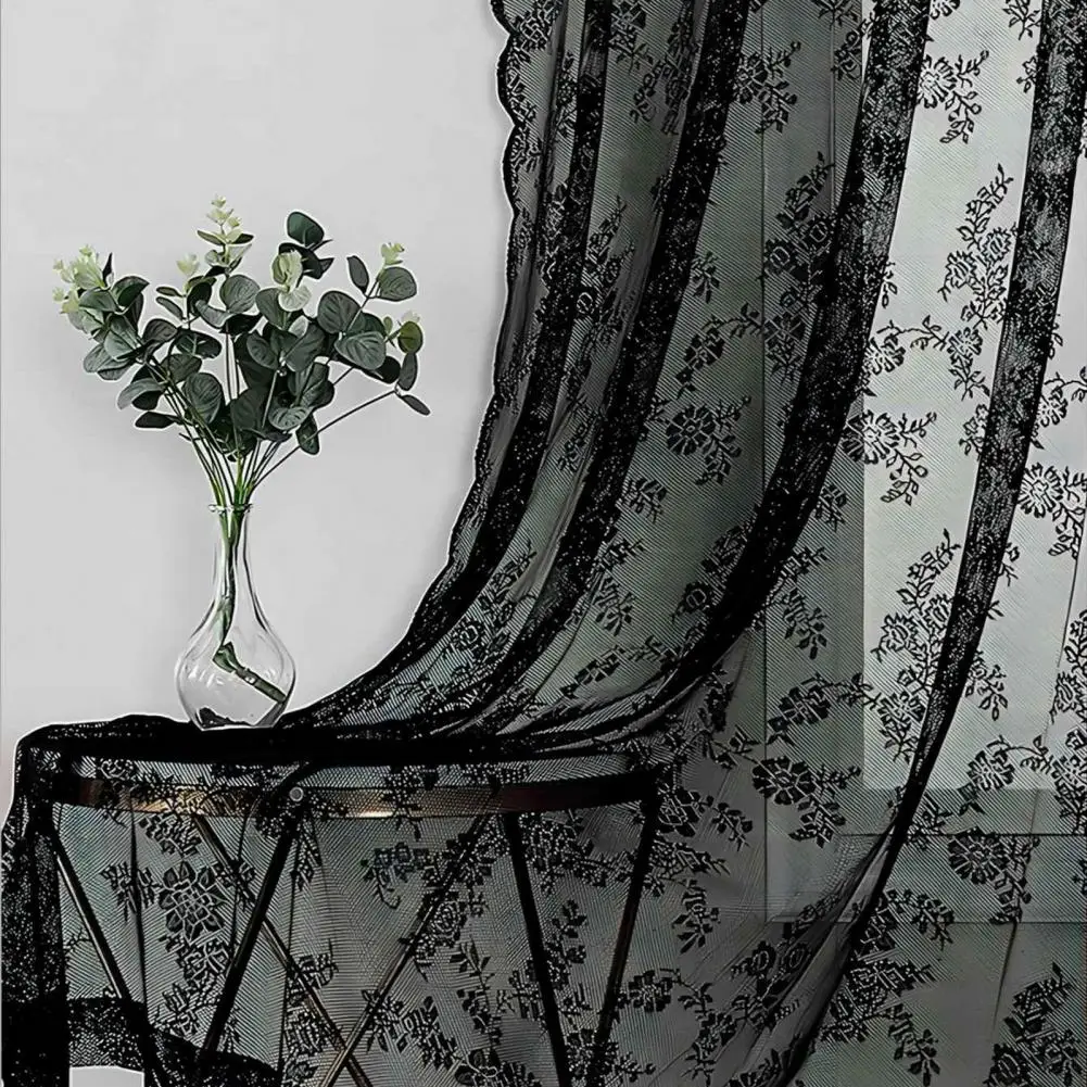 

Window Drape Attractive Dustproof Long Lasting Floral Patterned Black Lace Sheer Curtain Home Supplies