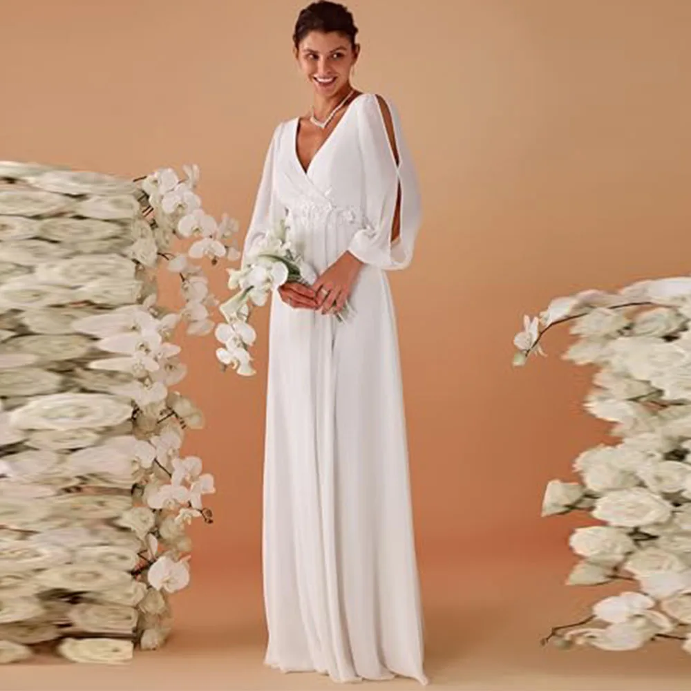 

Customized Elegant Women V Neck Long Lantern Sleeves Mother of The Bride Dress Floor Length Ruched Chiffon A-Line Formal Dress