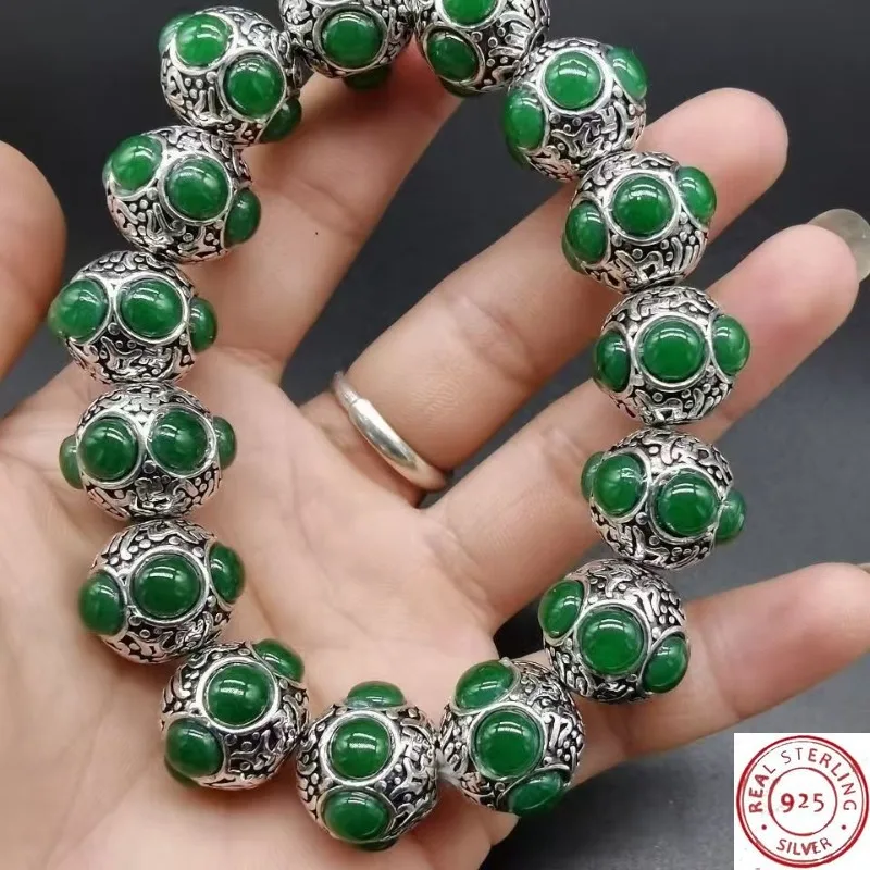 

Tibetan Silver Bracelet Inlaid with Jade, Vintage Craft Ethnic Style, Delicate Fashion Handmade Bracelet for Men and Women