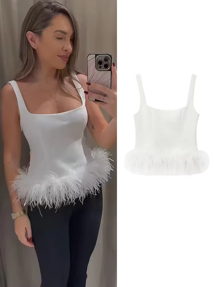 TRAF 2024 Fashion  Feathers Strap Top For Women Chic Ladies White Corset Top Backless Sexy Crop Top Sleeveless Short Tops