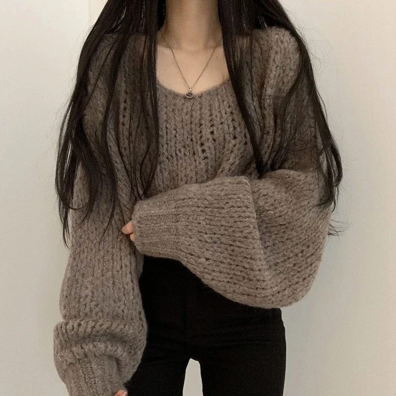 Women Hollow Out Solid Sweater Lantern Sleeve O-Neck Knitted Pullovers Casual Loose Sweater For Women 2023 Autumn Winter