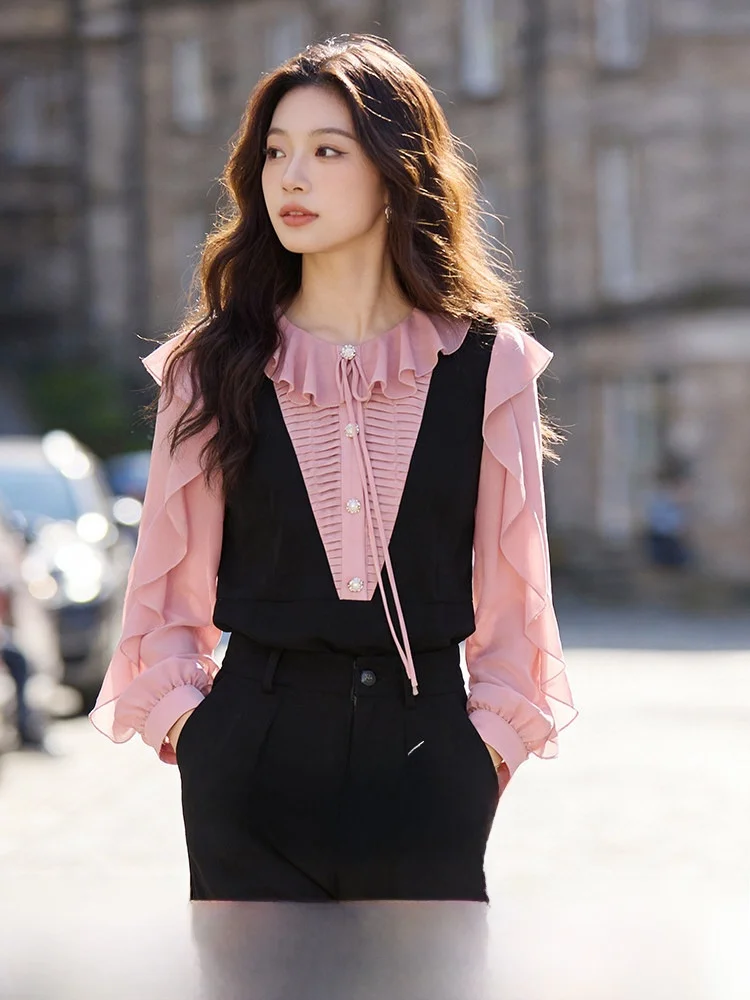 

Модный комплект с деревянными вставками и рюшами, брюки с высокой талией для женщин больших размеров, весенняя новинка, элегантный стиль