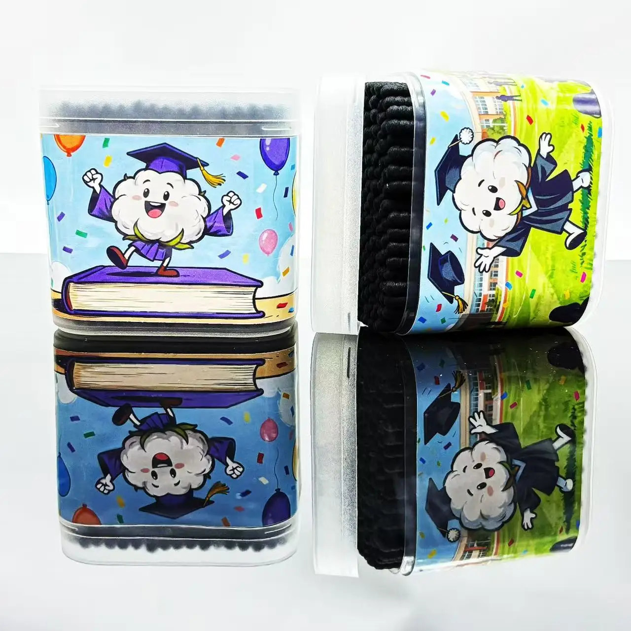 400 uds/600 Uds. Hisopos de algodón negros de doble punta con temática de graduación, elemento de temporada de graduación redondo en espiral creativo, palos de hisopo de algodón