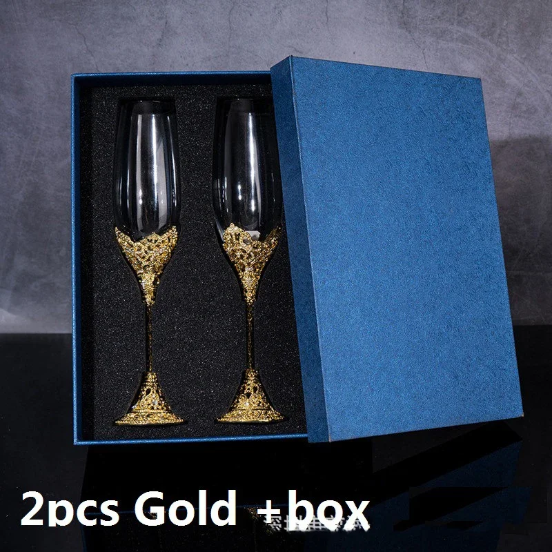 Luxury Crystal Rimmed Champagne Glass Drink Goblet Cup Wedding Toasting Flute Wine Glasses Set Rhinestone Drinkware Glasses Gift