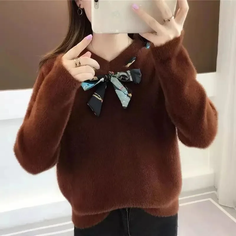 V-Neck Knitted Sweater Women's Loose Soft Pullover Imitate Mink Wool Long Sleeve Fall Winter Jumper Thickened Warm Knitwear