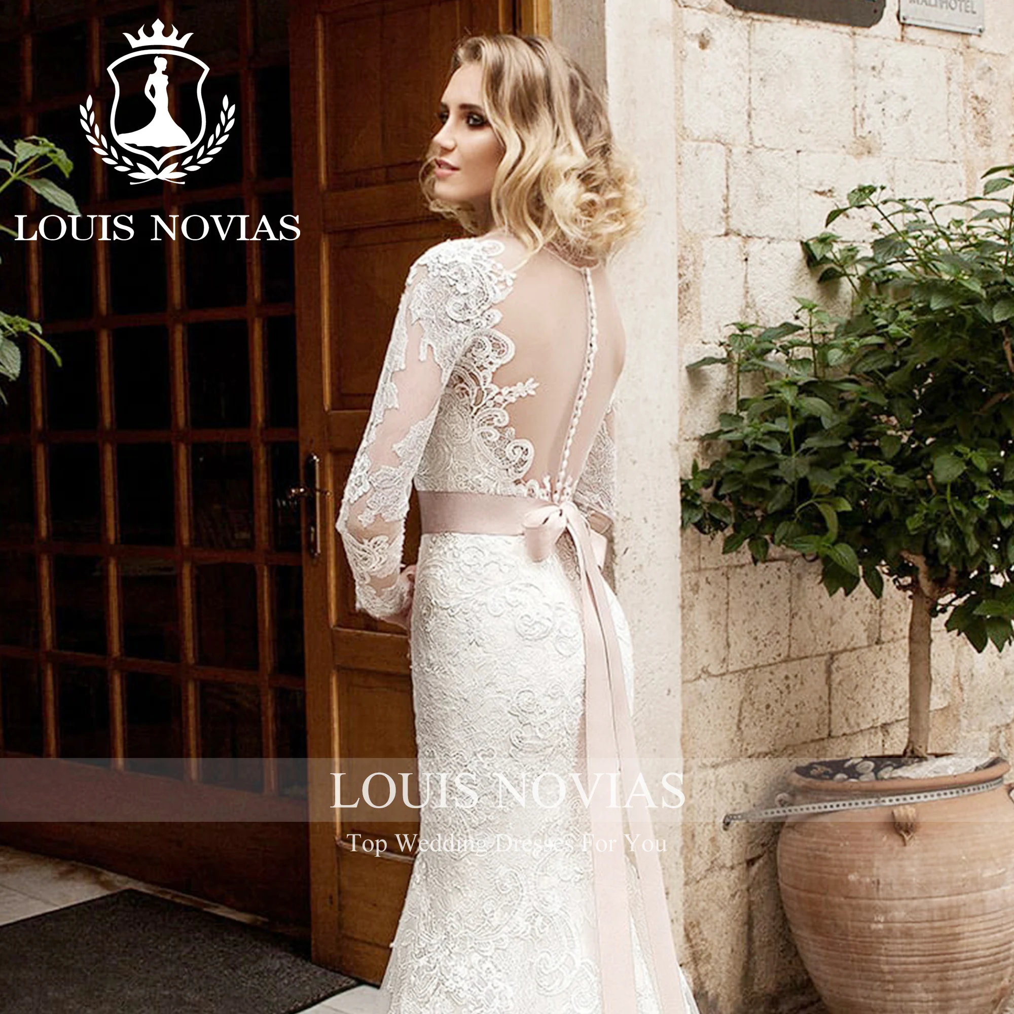 LOUIS NOVIAS-vestido De Novia De manga larga con lazo, traje De sirena con apliques De cuello redondo, ilusión, tren De corte, 2023