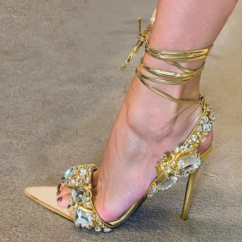 

Sexy Ankle Strap Gold Sandals Women's Party Nightclub Stripper High Heels Rhinestone Gold Heeled High Sandals