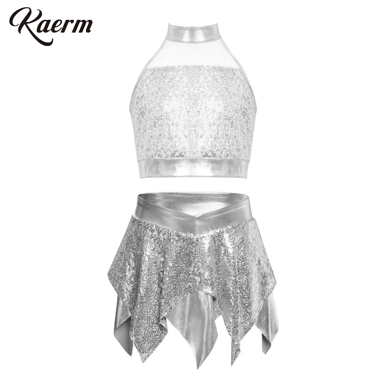 

Children Hip Hop Jazz Dance Costume Outfit Sleeveless Shiny Sequins Crop Top +Irregular Metallic Skirt for Ballet Latin Ballroom